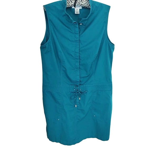 CALVIN KLEIN |  Teal Green Blue Drop Waist Sleeveless Utility Dress | 14 Petite - Picture 1 of 9